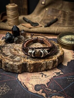 Hand Crafted Brown Leather Bracelet with Star Accent